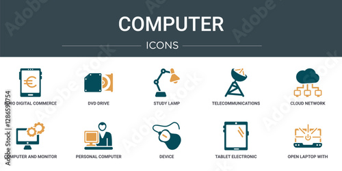 set of 10 outline web computer icons such as euro digital commerce, dvd drive, study lamp, telecommunications, cloud network, computer and monitor tools, personal computer and worker vector icons