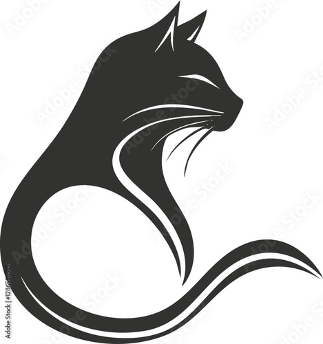 Stylized black cat silhouette design on white background.