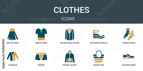 set of 10 outline web clothes icons such as peplum skirt, henley shirt, oxford wave blazer, platform sandals, women socks, cardigan, boxers vector icons for report, presentation, diagram, web