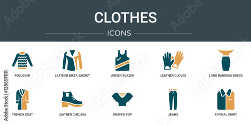 set of 10 outline web clothes icons such as pullover, leather biker jacket, jersey blazer, leather gloves, long bandeau dress, trench coat, leather chelsea boots vector icons for report,