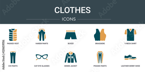 set of 10 outline web clothes icons such as padded vest, harem pants, boxer, brassiere, v neck shirt, chi pants, cat eye glasses vector icons for report, presentation, diagram, web design, mobile