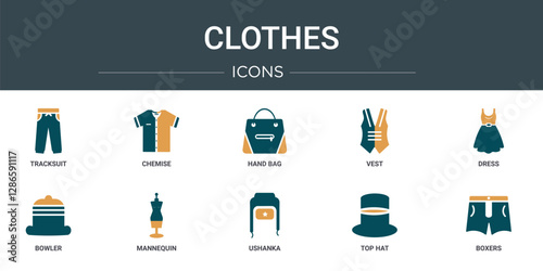 set of 10 outline web clothes icons such as tracksuit, chemise, hand bag, vest, dress, bowler, mannequin vector icons for report, presentation, diagram, web design, mobile app