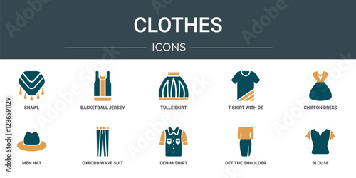 set of 10 outline web clothes icons such as shawl, basketball jersey, tulle skirt, t shirt with de, chiffon dress, men hat, oxford wave suit pants vector icons for report, presentation, diagram, web