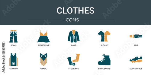 set of 10 outline web clothes icons such as jeans, nightwear, coat, blouse, belt, tanktop, shawl vector icons for report, presentation, diagram, web design, mobile app