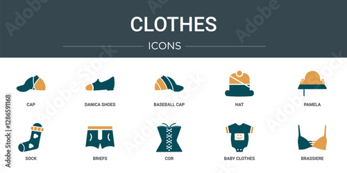 set of 10 outline web clothes icons such as cap, danica shoes, baseball cap, hat, pamela, sock, briefs vector icons for report, presentation, diagram, web design, mobile app