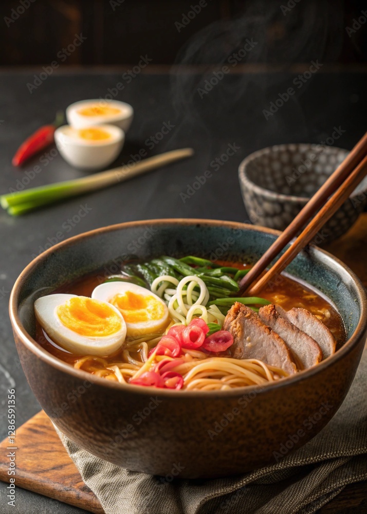 A bowl of steaming hot ramen with chopsticks and sliced toppings like egg, vegetables, and meat.
A bowl of steaming hot ramen with chopsticks and sliced toppings like egg, vegetables, and meat.