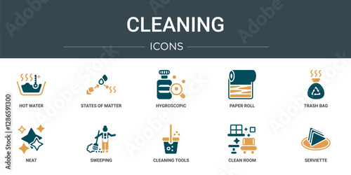 set of 10 outline web cleaning icons such as hot water, states of matter, hygroscopic, paper roll, trash bag, neat, sweeping vector icons for report, presentation, diagram, web design, mobile app