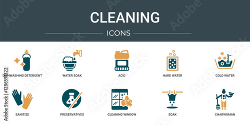 set of 10 outline web cleaning icons such as dishwashing detergent, water soak, acid, hard water, cold water, sanitize, preservatives vector icons for report, presentation, diagram, web design,