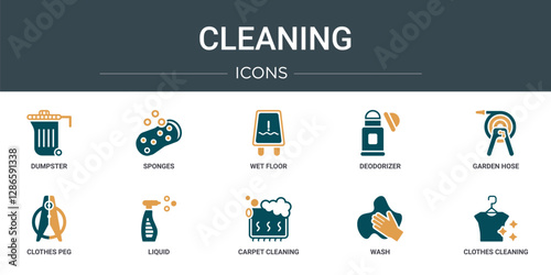 set of 10 outline web cleaning icons such as dumpster, sponges, wet floor, deodorizer, garden hose, clothes peg, liquid vector icons for report, presentation, diagram, web design, mobile app