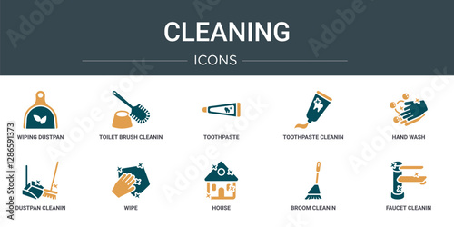 set of 10 outline web cleaning icons such as wiping dustpan, toilet brush cleanin, toothpaste, toothpaste cleanin, hand wash, dustpan cleanin, wipe vector icons for report, presentation, diagram,