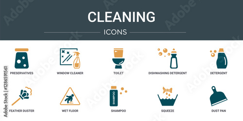 set of 10 outline web cleaning icons such as preservatives, window cleaner, toilet, dishwashing detergent, detergent, feather duster, wet floor vector icons for report, presentation, diagram, web
