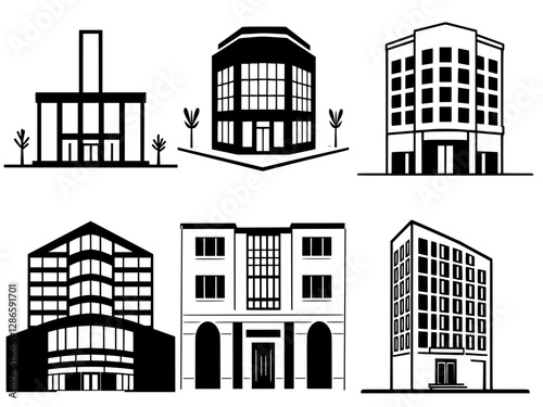 set of silhouettes of unique buildings 