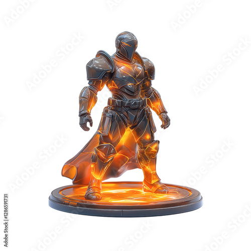 Fiery Knight 3D Render of a Powerful Armored Figure on a Glowing Base