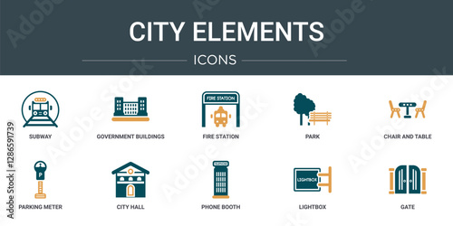 set of 10 outline web city elements icons such as subway, government buildings, fire station, park, chair and table, parking meter, city hall vector icons for report, presentation, diagram, web