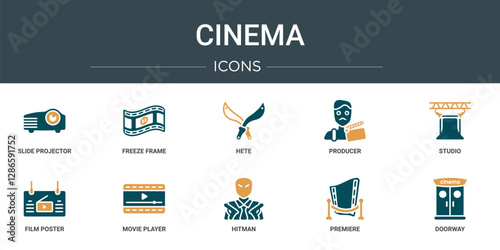 set of 10 outline web cinema icons such as slide projector, freeze frame, hete, producer, studio, film poster, movie player vector icons for report, presentation, diagram, web design, mobile app
