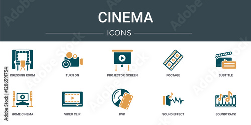 set of 10 outline web cinema icons such as dressing room, turn on, projector screen, footage, subtitle, home cinema, video clip vector icons for report, presentation, diagram, web design, mobile app