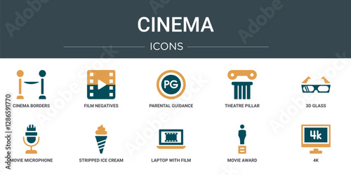 set of 10 outline web cinema icons such as cinema borders, film negatives, parental guidance, theatre pillar, 3d glass, movie microphone, stripped ice cream cone vector icons for report,