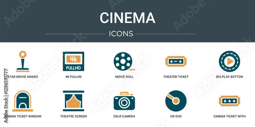 set of 10 outline web cinema icons such as star movie award, 4k fullhd, movie roll, theater ticket, big play button, cinema ticket window, theatre screen vector icons for report, presentation,