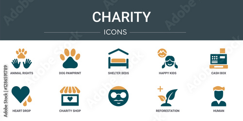 set of 10 outline web charity icons such as animal rights, dog pawprint, shelter beds, happy kids, cash box, heart drop, charity shop vector icons for report, presentation, diagram, web design,