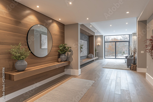 Photographie immobilière d’une entrée moderne avec une console en bois suspendue, grand miroir décoratif, tableau, éclairage encastré doux et plantes