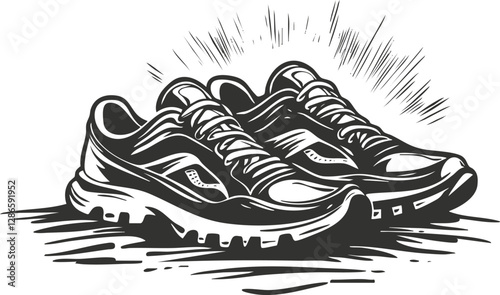 Black and white illustration of a pair of sneakers.