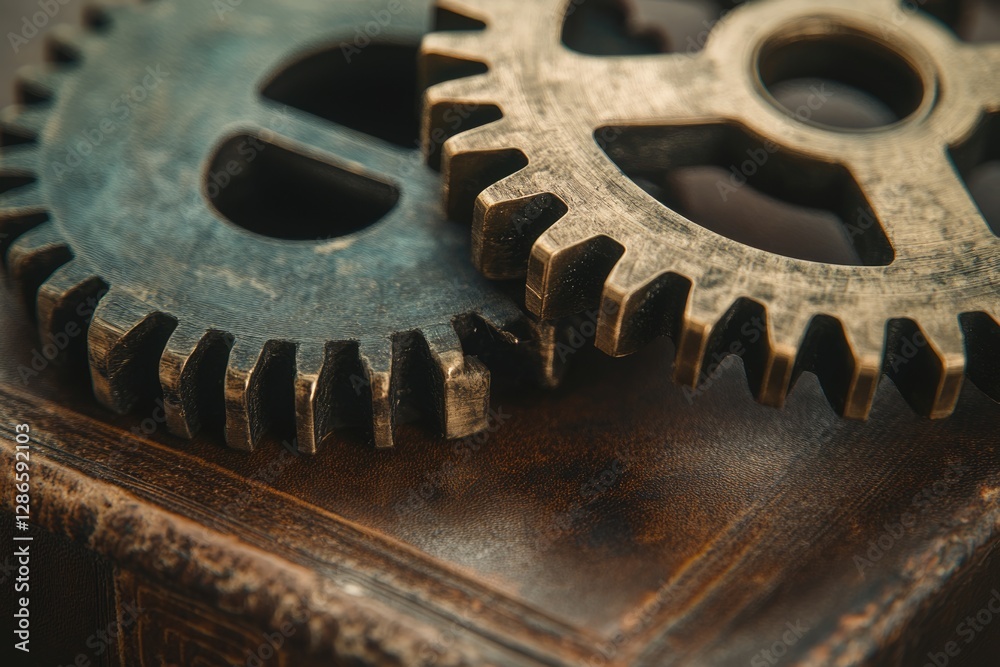 Close-up of two intricately detailed metal gears resting on an antique leather-bound book. Close-up of two intricately detailed metal gears resting on an antique leather-bound book.