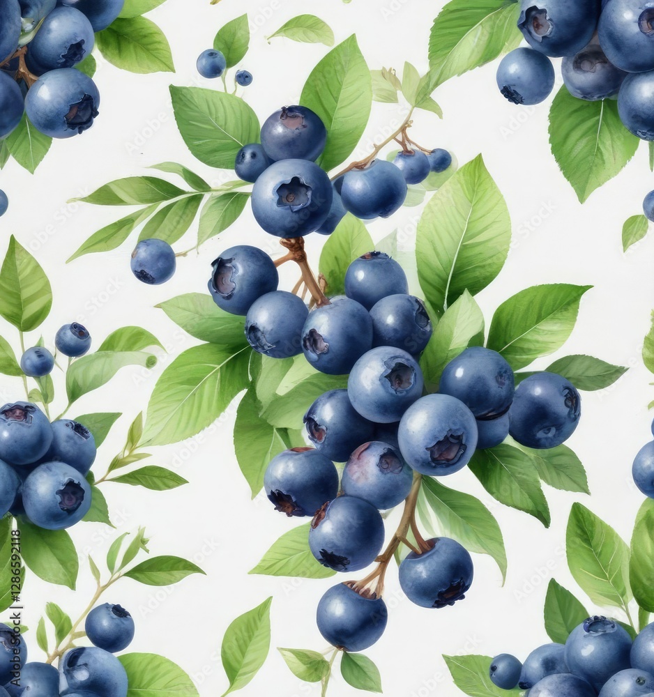Watercolor painting of blueberries with leaves on white background, perfect for food and beverage designs, menu design, commercial use, studio photography, healthy eating, antioxidant