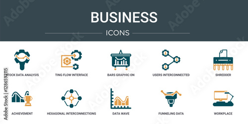 set of 10 outline web business icons such as stock data analysis, ting flow interface, bars graphic on screen, users interconnected, shredder, achievement, hexagonal interconnections vector icons