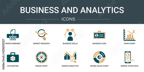set of 10 outline web business and analytics icons such as paper shredder, market research, business skills, business card, wave chart, accounting, radar chart vector icons for report, presentation,