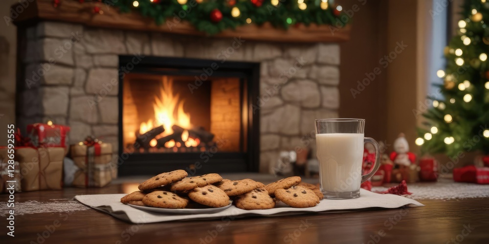 Warm milk, cookies by fireplace, Christmas trees glow , holiday, milk, warm