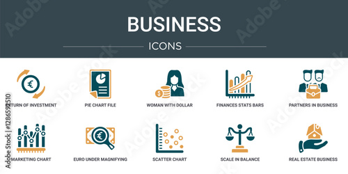 set of 10 outline web business icons such as return of investment, pie chart file, woman with dollar circle, finances stats bars graphic with up arrow, partners in business, marketing chart, euro
