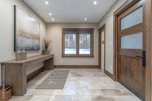 Photographie immobilière d’une entrée moderne avec une console en bois suspendue, grand miroir décoratif, tableau, éclairage encastré doux et plantes