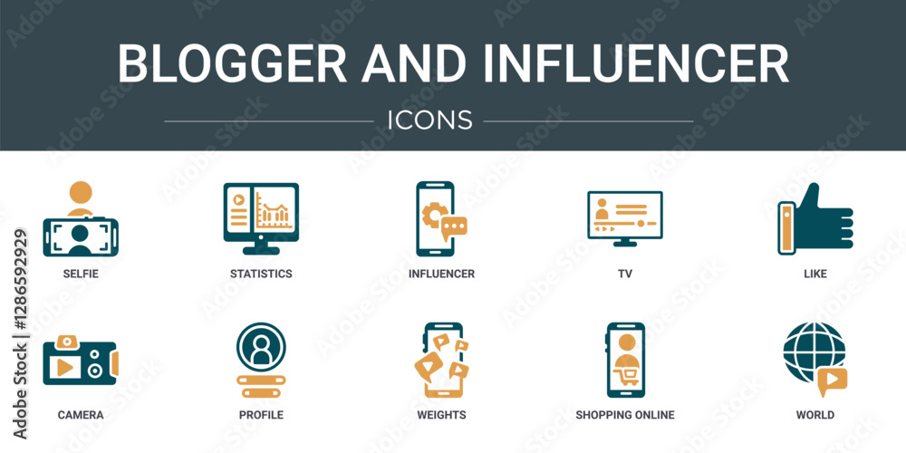 set of 10 outline web blogger and influencer icons such as selfie, statistics, influencer, tv, like, camera, profile vector icons for report, presentation, diagram, web design, mobile app set of 10 outline web blogger and influencer icons such as selfie, statistics, influencer, tv, like, camera, profile vector icons for report, presentation, diagram, web design, mobile app