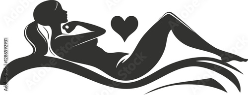 Silhouette of a woman reclining with a heart and wave elements.