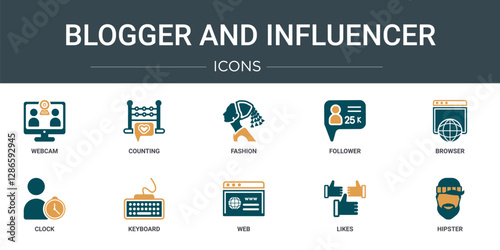 set of 10 outline web blogger and influencer icons such as webcam, counting, fashion, follower, browser, clock, keyboard vector icons for report, presentation, diagram, web design, mobile app