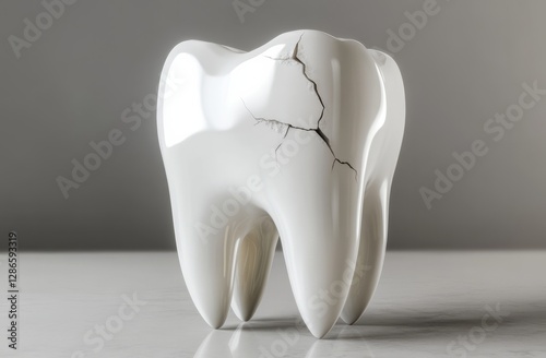 Cracked Tooth – Symbol of Dental Problems and Oral Health Issues, A detailed 3D-rendered image of a cracked tooth standing alone on a reflective surface, importance of dental care, prevention, and tre