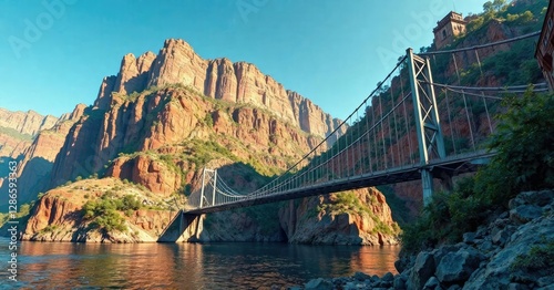 View from river side of suspension bridge with canyon wall on opposite side, suspension bridge, river photo