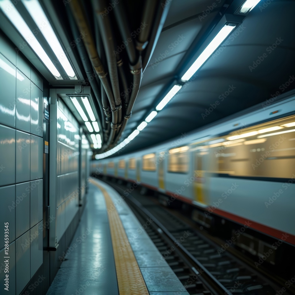 Subway Platform Architecture. Modern subway station platform with curved walls, fluorescent lighting, and passing train creating motion blur effect.