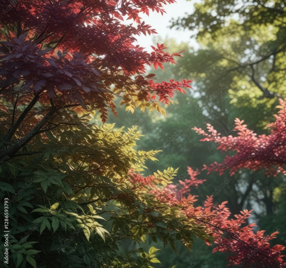 Vibrant green foliage with reddish-purple tint in late summer, nandina domestica, garden plants Vibrant green foliage with reddish-purple tint in late summer, nandina domestica, garden plants