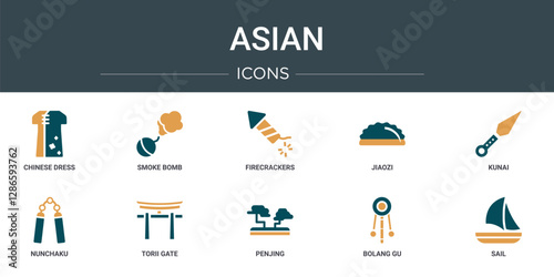set of 10 outline web asian icons such as chinese dress, smoke bomb, firecrackers, jiaozi, kunai, nunchaku, torii gate vector icons for report, presentation, diagram, web design, mobile app