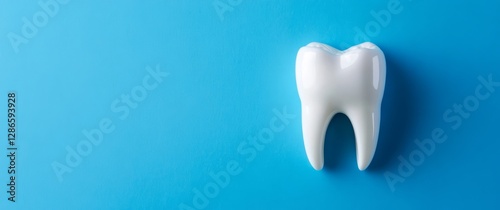 Minimalist photo of a tooth and white plastic toothbrush on a blue background, with copy space for text