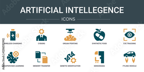 set of 10 outline web artificial intellegence icons such as wireless charging, cyborg, organ printing, synthetic food, eye tracking, unsupervised learning, memory transfer vector icons for report,
