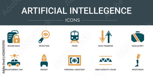 set of 10 outline web artificial intellegence icons such as secure data, detection, train, data transfer, oculus rift, solar energy car, rocket vector icons for report, presentation, diagram, web