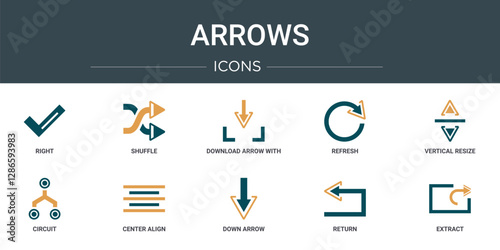 set of 10 outline web arrows icons such as right, shuffle, download arrow with line, refresh, vertical resize, circuit, center align vector icons for report, presentation, diagram, web design,
