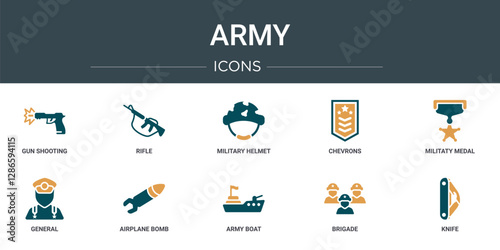 set of 10 outline web army icons such as gun shooting, rifle, military helmet, chevrons, militaty medal, general, airplane bomb vector icons for report, presentation, diagram, web design, mobile app