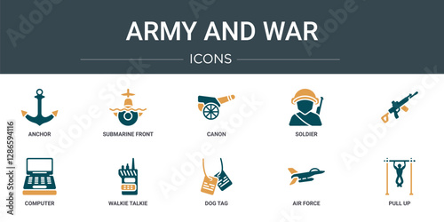 set of 10 outline web army and war icons such as anchor, submarine front view, canon, soldier,  , computer, walkie talkie vector icons for report, presentation, diagram, web design, mobile app