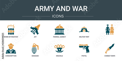 set of 10 outline web army and war icons such as bomb detonation, jet, federal agency, militar tent,  , conscription, granade vector icons for report, presentation, diagram, web design, mobile app