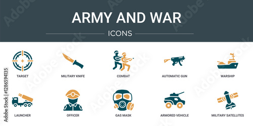 set of 10 outline web army and war icons such as target, military knife, combat, automatic gun, warship, launcher, officer vector icons for report, presentation, diagram, web design, mobile app