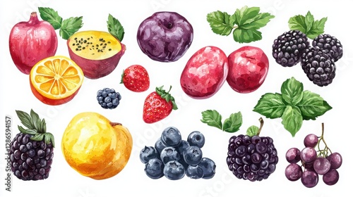 Vibrant watercolor illustration of assorted fresh fruits and berries arrangement