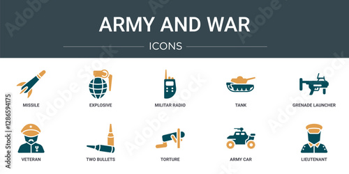 set of 10 outline web army and war icons such as missile, explosive, militar radio, tank, grenade launcher, veteran, two bullets vector icons for report, presentation, diagram, web design, mobile